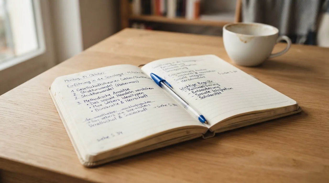 Ein aufgeschlagenes Notizbuch mit handschriftlichen Notizen und ein Kugelschreiber liegen auf einem hellen Schreibtisch neben einer Kaffeetasse.