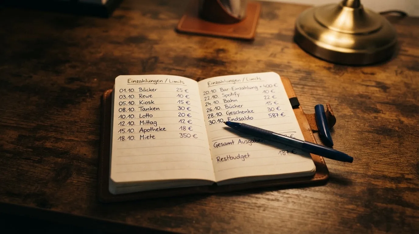 Ein Taschenrechner und ein Blatt Papier mit handschriftlichen Notizen liegen auf einem Schreibtisch unter dem warmen Licht einer Lampe.
