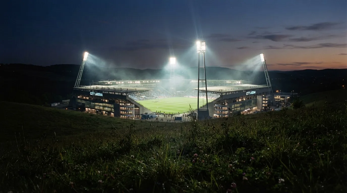 Ein Stadion unter Flutlicht bei Nacht, von einem Hügel aus der Ferne betrachtet, mit Dunst über dem Spielfeld.