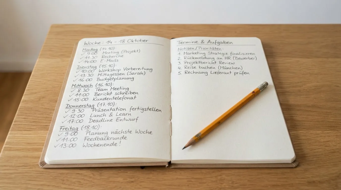Ein Notizbuch mit drei handgezeichneten Spalten und ein Bleistift liegen auf einem Holztisch, seitlich fällt Tageslicht herein.