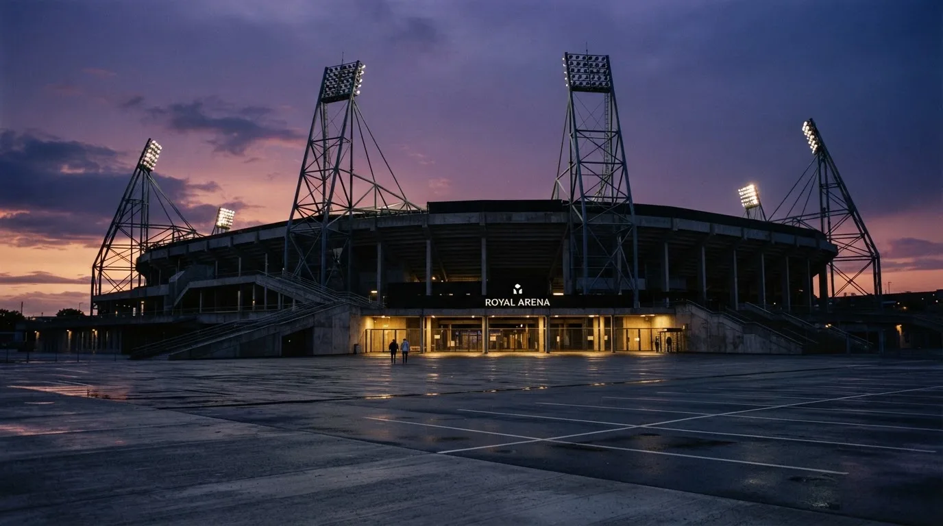 Ein Fußballstadion von außen in der Dämmerung, hohe Flutlichtmasten vor einem violetten Himmel, davor ein leerer Parkplatz.