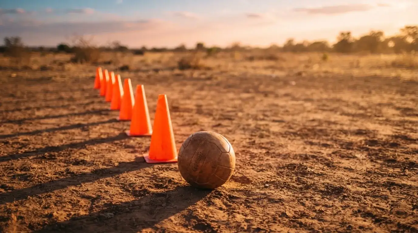 Ein Fußball auf rotem Sandboden neben einer Reihe Hütchen auf einem Trainingsplatz bei untergehender Sonne.