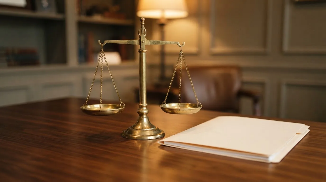 Eine Waage aus Messing und ein geschlossener Aktenordner ohne Beschriftung stehen auf einem polierten Schreibtisch.