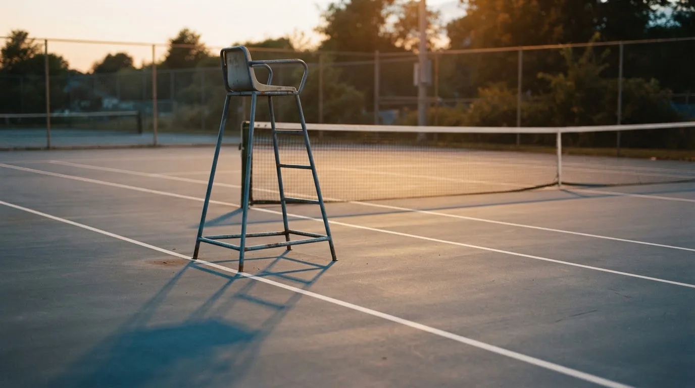 Ein leerer Schiedsrichterstuhl am Spielfeldrand eines Tennisplatzes im Abendlicht, lange Schatten auf dem Belag.