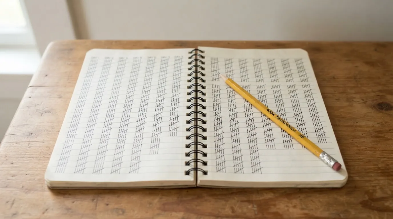 Ein handschriftlich geführtes Heft mit Strichlisten liegt neben einem Bleistift auf einem Tisch, seitlich fällt Tageslicht herein.