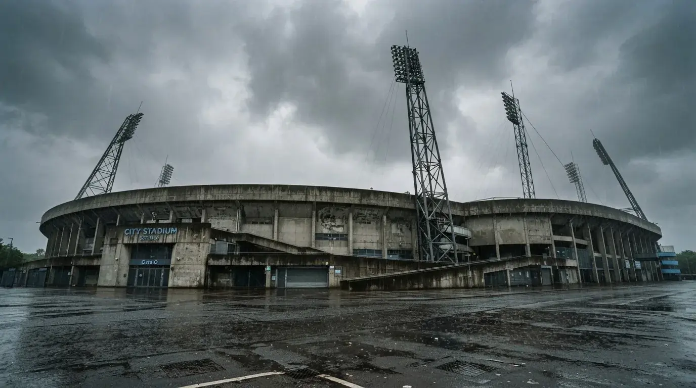 Ein leeres Stadion von außen, hohe Flutlichtmasten vor einem grauen Himmel mit Regenwolken.