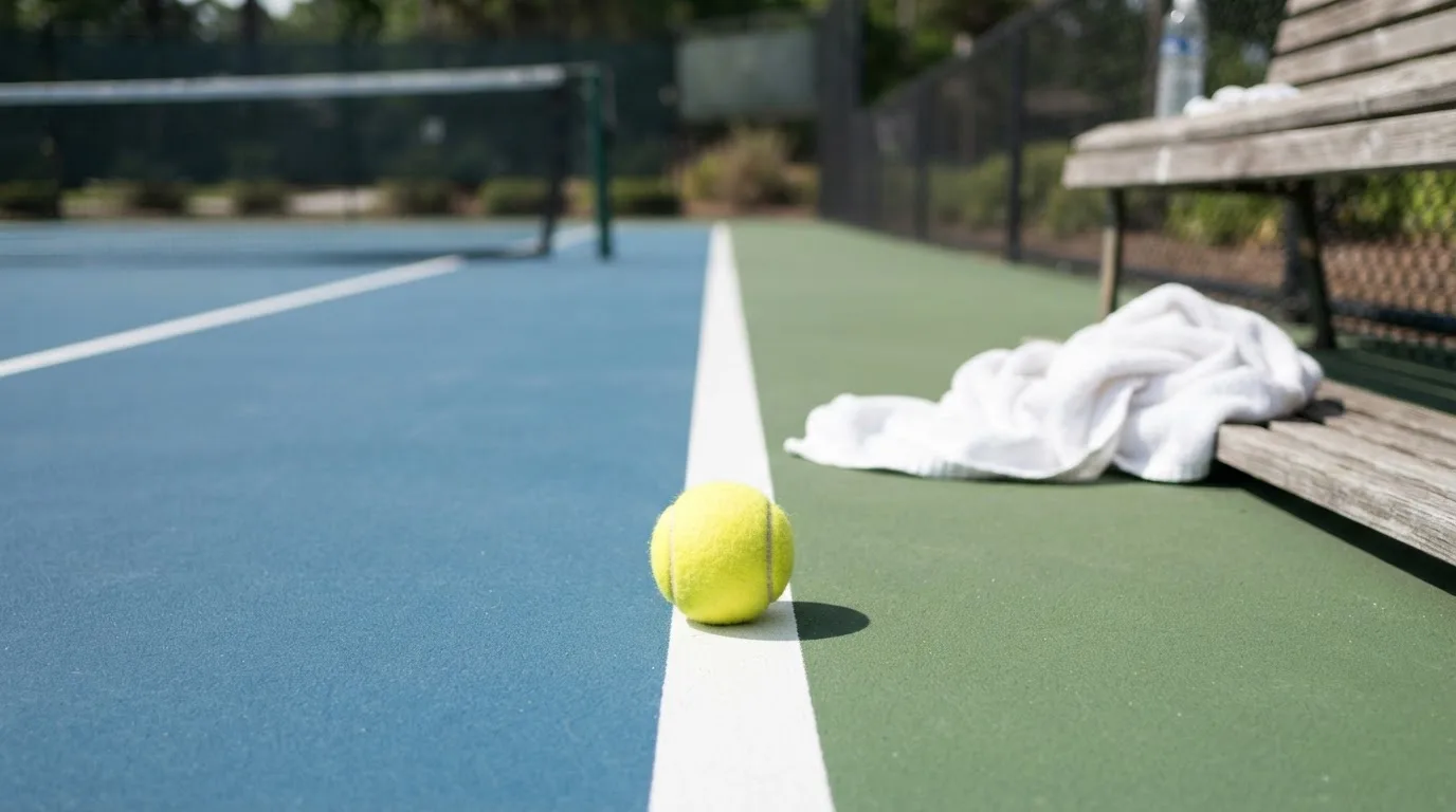 Ein gelber Tennisball liegt auf einer weißen Linie, daneben ein Handtuch auf einer Bank am Spielfeldrand.