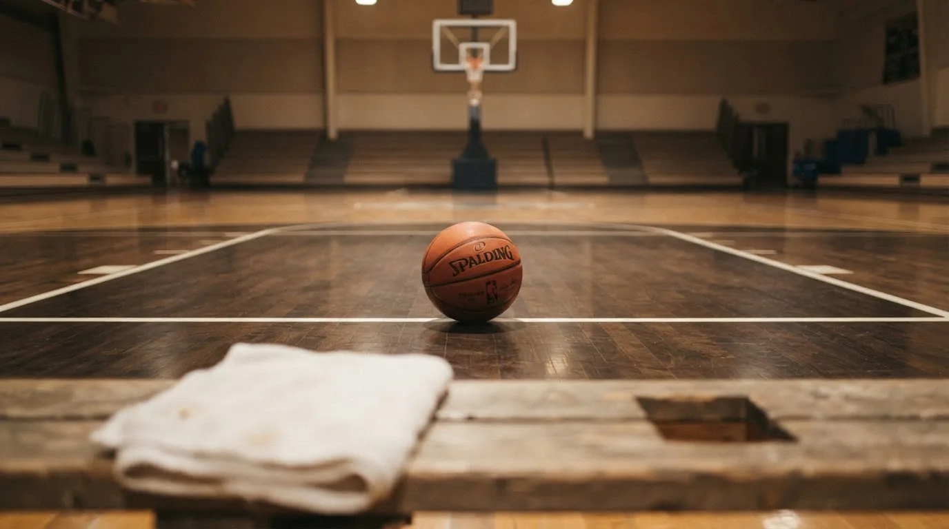Ein Basketball liegt auf der Freiwurflinie einer Halle, im Vordergrund ein Handtuch auf einer Bank.