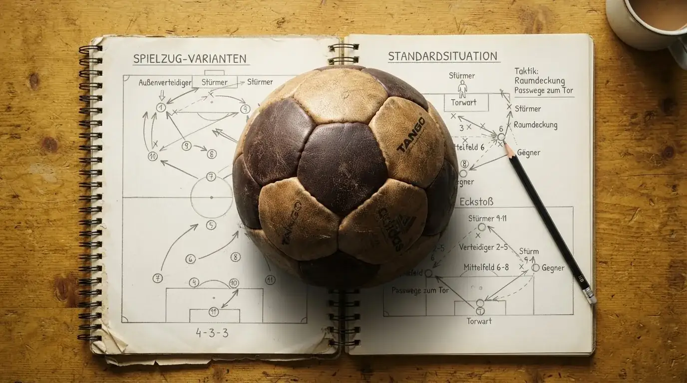 Ein Fußball liegt auf einem Notizbuch mit handgezeichneten Skizzen von Spielzügen, aufgenommen von oben auf einem Holztisch.