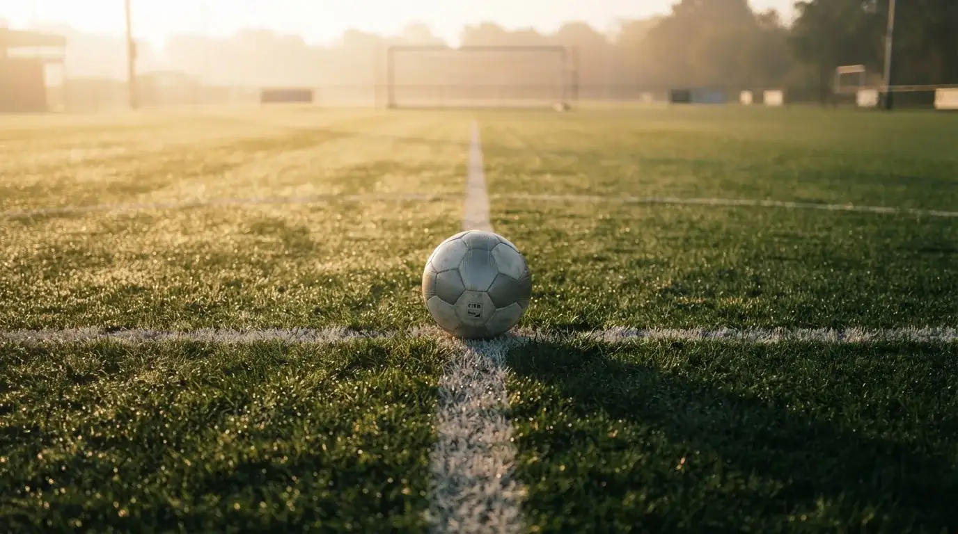 Ein Fußball liegt auf dem Anstoßpunkt eines Rasens bei Sonnenaufgang, Tau glitzert auf den Halmen.