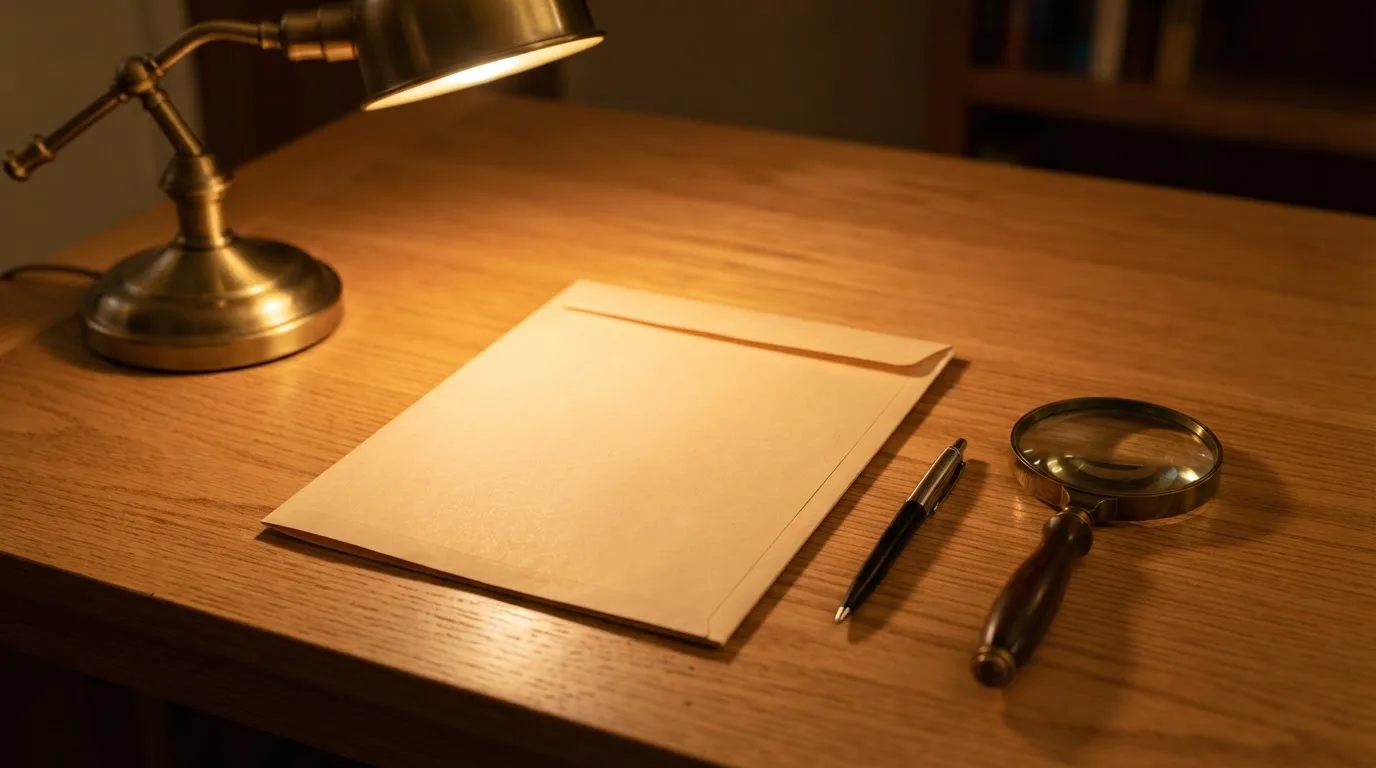 Ein Schreibtisch mit Kugelschreiber, Lupe und einem geschlossenen Ordner ohne Beschriftung in warmem Lampenlicht.