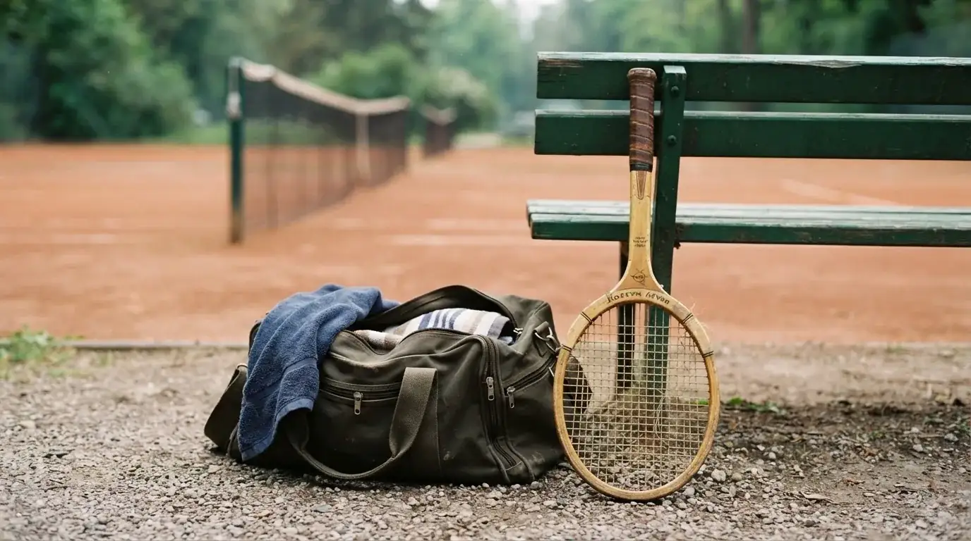 Ein Tennisschläger lehnt an einer Bank neben einer Sporttasche, im Hintergrund ein leerer Platz.