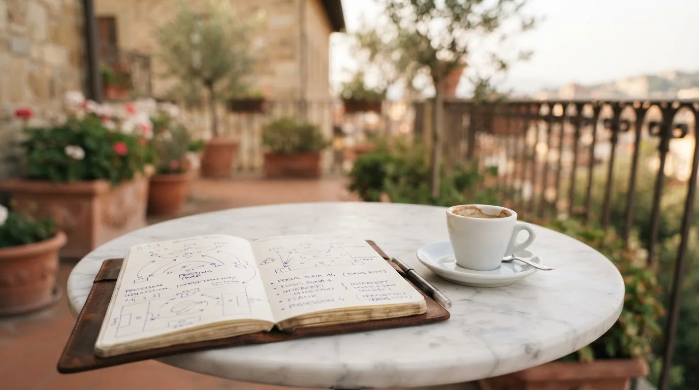 Eine Espressotasse steht auf einem kleinen Marmortisch einer Terrasse, daneben ein Notizheft mit handschriftlichen Skizzen.