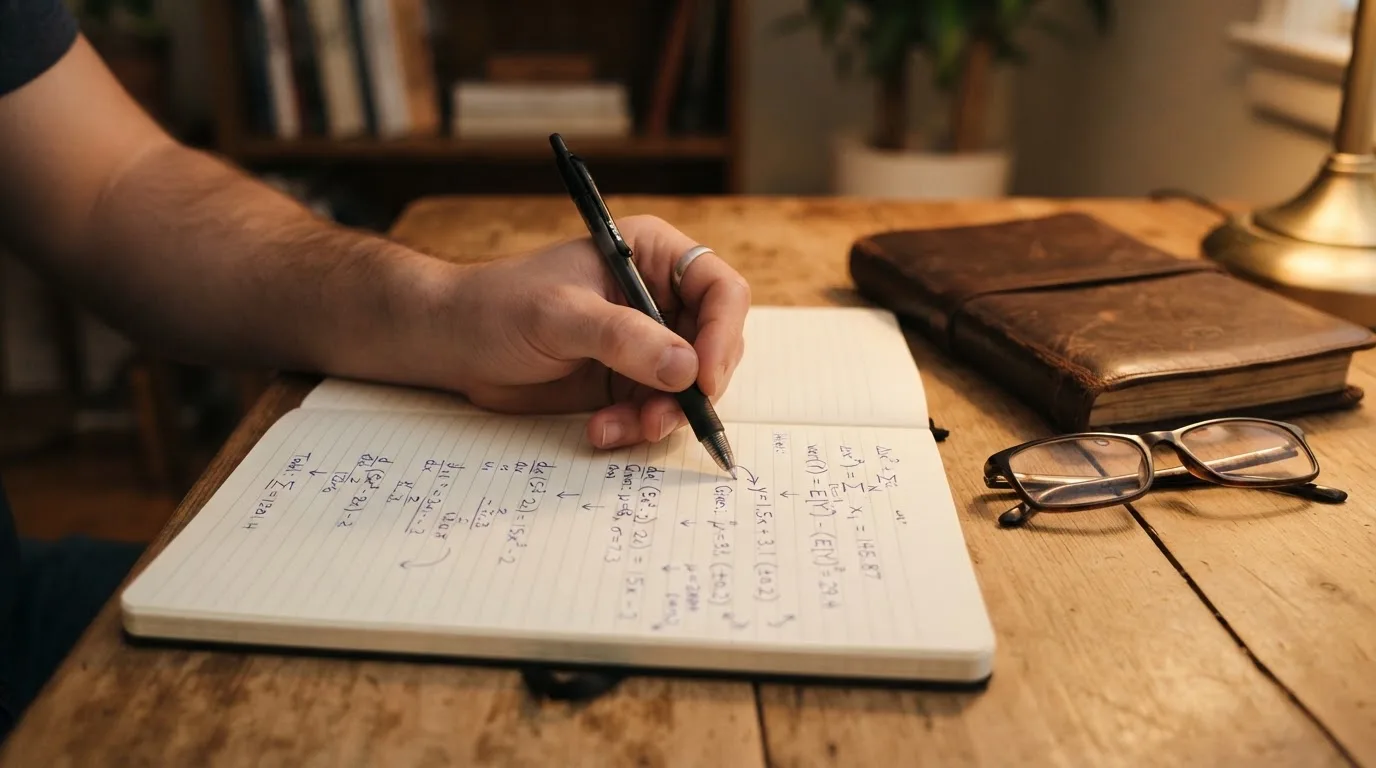 Ein Notizbuch mit handschriftlichen Rechnungen und ein Taschenrechner liegen auf einem aufgeräumten Schreibtisch in warmem Licht.