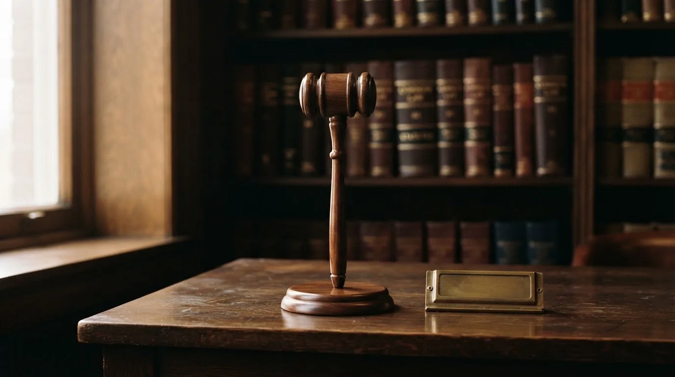 Ein Richterhammer aus Holz steht auf einer dunklen Schreibtischplatte, im Hintergrund ein unscharfes Bücherregal.