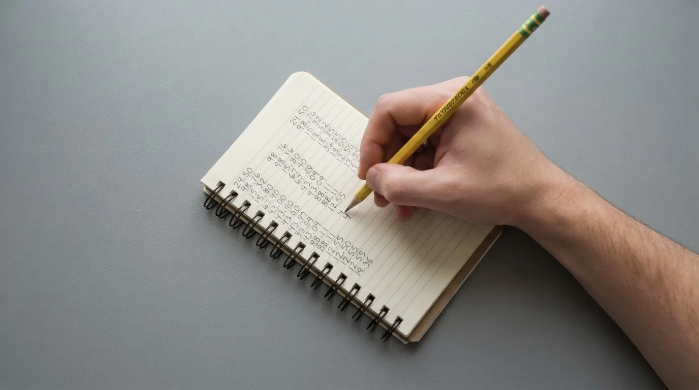 Ein Taschenrechner, ein Bleistift und ein Block mit handschriftlichen Zahlenreihen liegen auf einer grauen Arbeitsfläche.