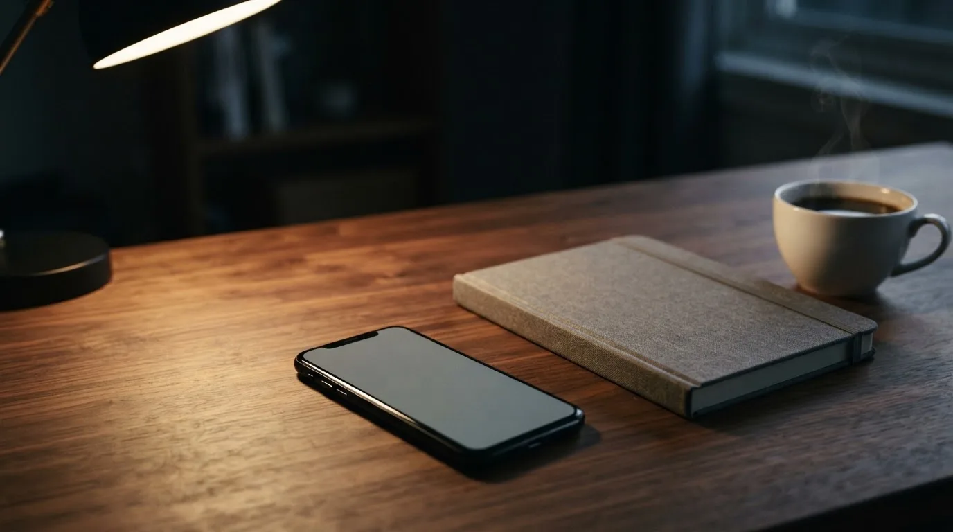 Ein Smartphone liegt mit dunklem Display auf einem Schreibtisch neben einem Notizbuch und einer Kaffeetasse.