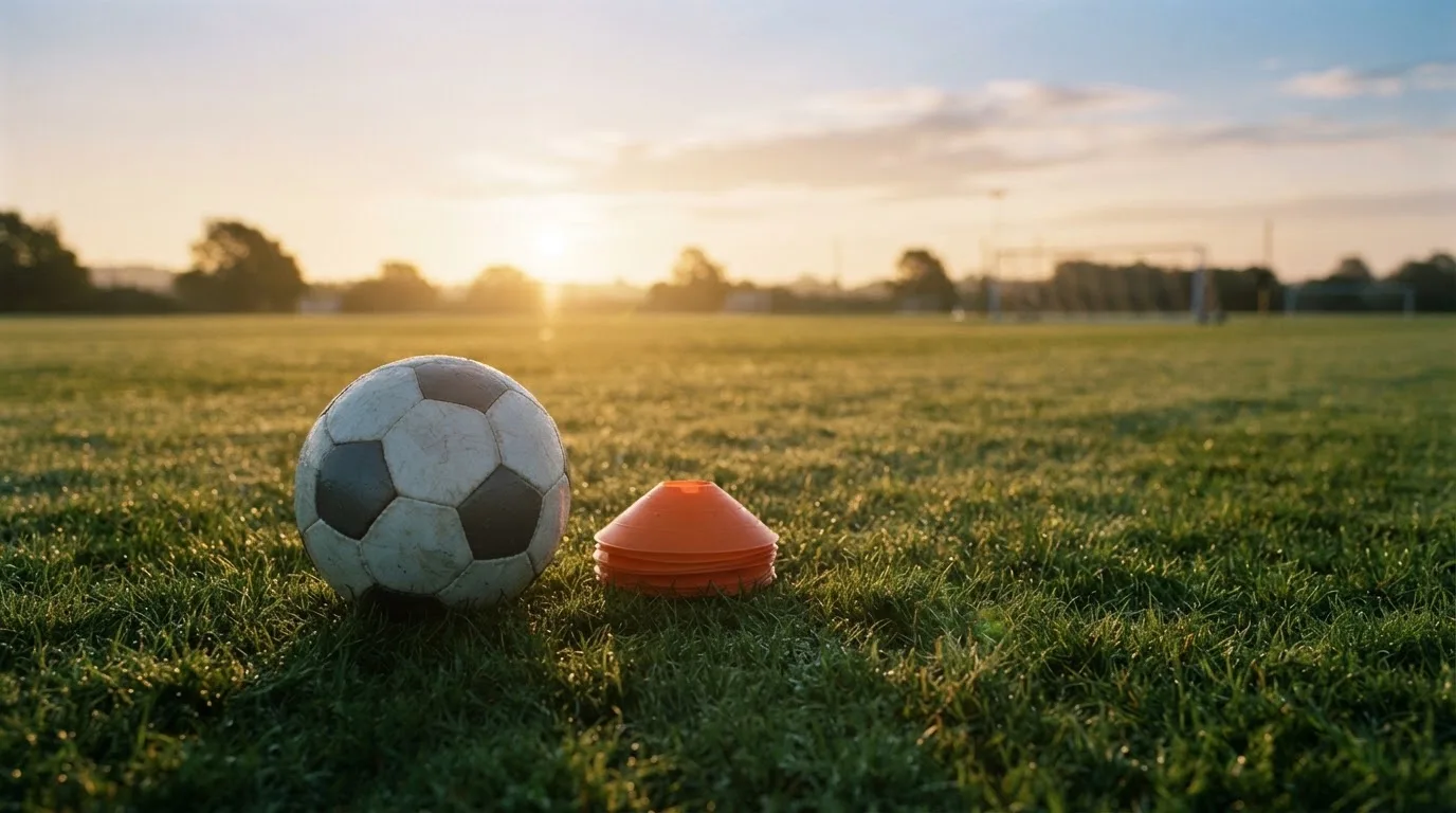 Ein Fußball liegt auf einem Rasenplatz bei Sonnenaufgang, daneben ein kleiner Stapel Trainingshütchen.