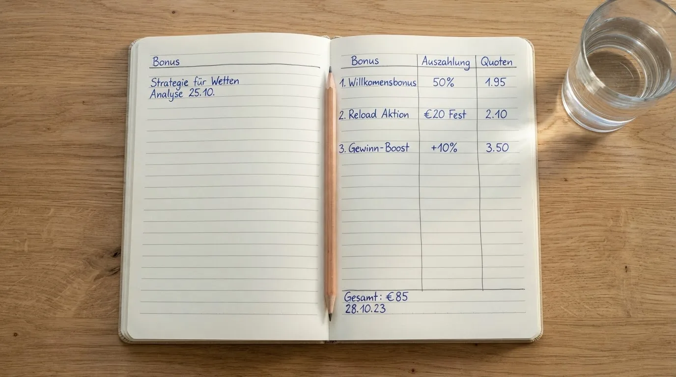 Ein Notizbuch mit handgezeichneten Spalten und ein Bleistift liegen auf einem hellen Holztisch neben einem Glas Wasser.