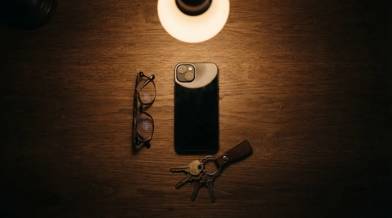 Ein Smartphone liegt mit dunklem Display auf einem Schreibtisch neben einem Schlüsselbund und einer Brille.
