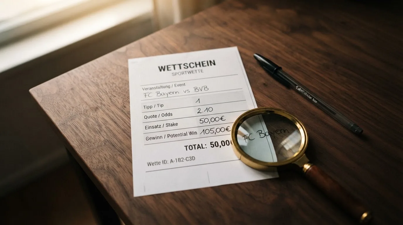 Ein leerer Wettschein aus Papier und ein Kugelschreiber liegen auf einem Schreibtisch neben einer Lupe.