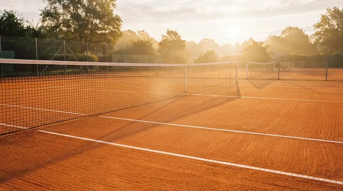 Ein Tennisplatz aus Sand bei Sonnenaufgang, das Netz im Gegenlicht, kein Mensch zu sehen.