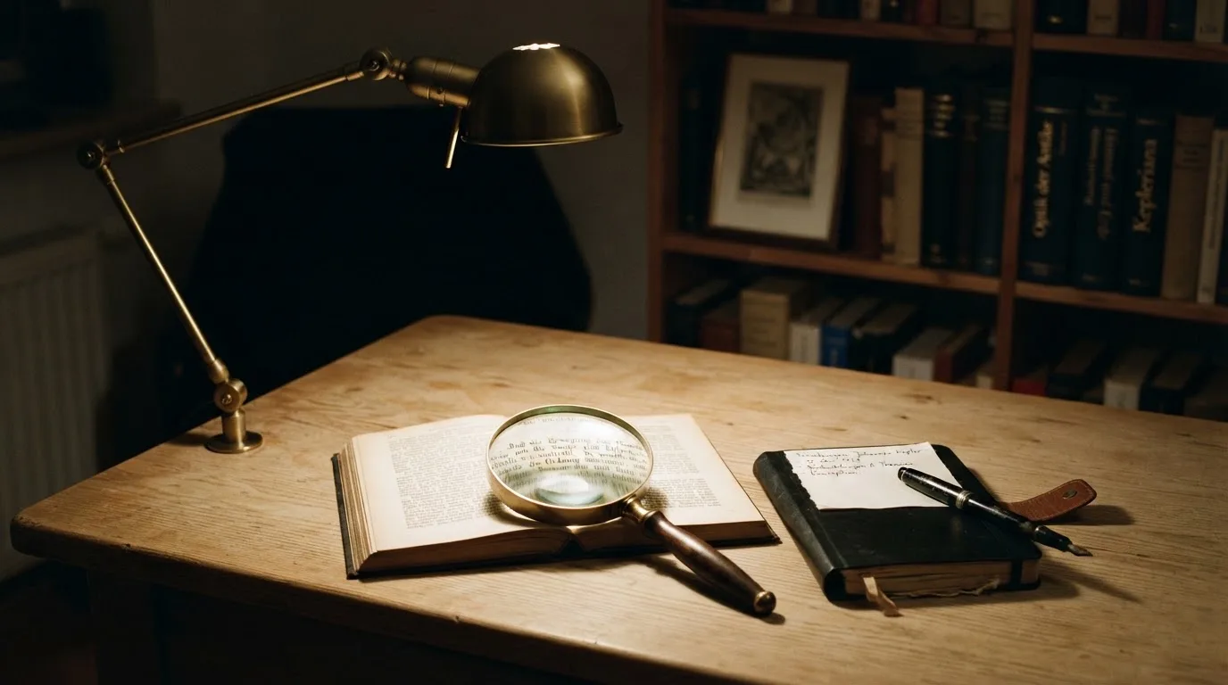 Ein Schreibtisch mit Lupe und leerem Block unter einer Lampe in einem ruhigen Raum.