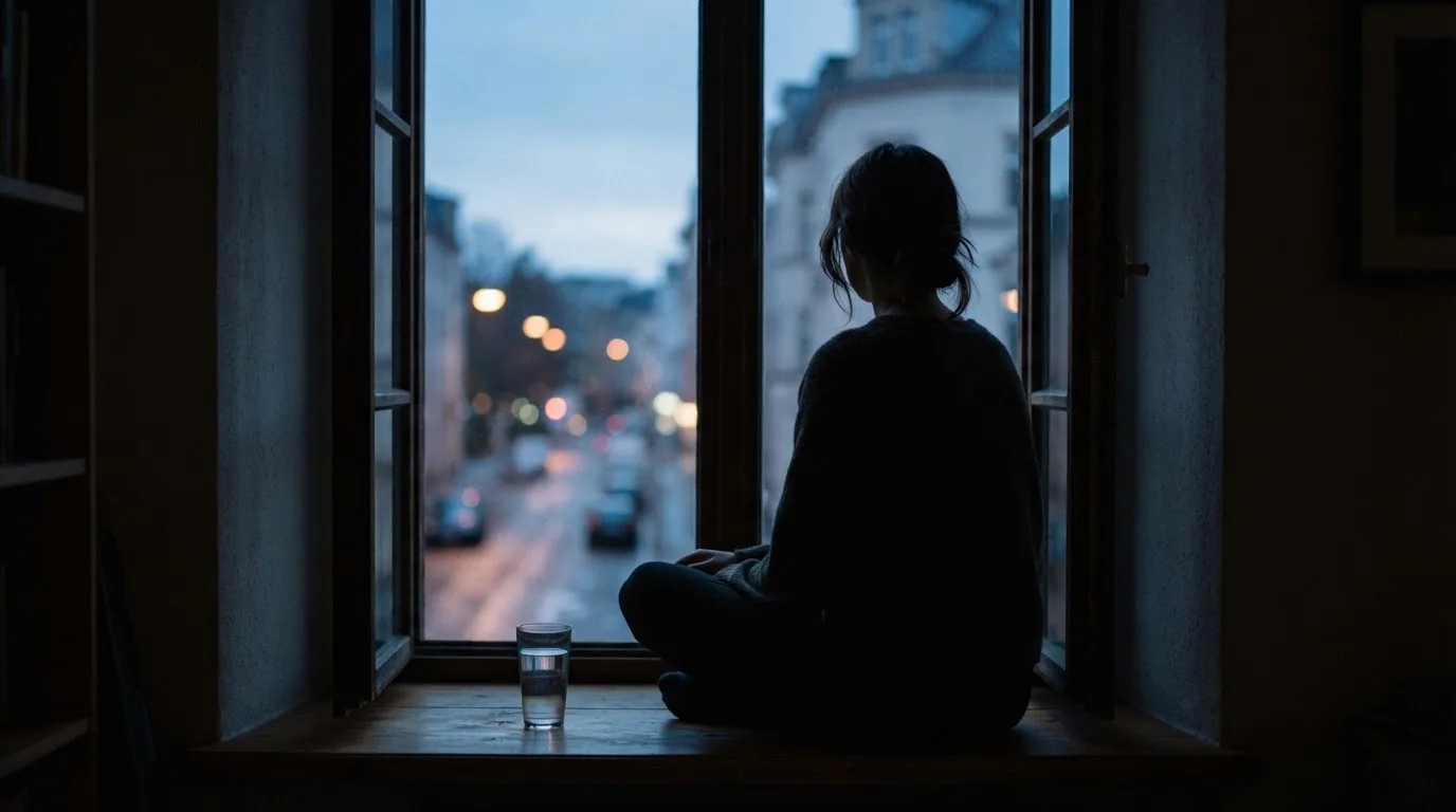 Die Silhouette einer Person sitzt am Abend am Fenster und blickt auf eine Straße, auf dem Fensterbrett steht ein Glas Wasser.