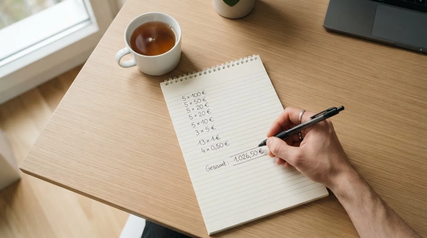 Ein Notizbuch mit handgeschriebenen Rechnungen und ein Taschenrechner auf einem hellen Schreibtisch neben einer Tasse Tee.