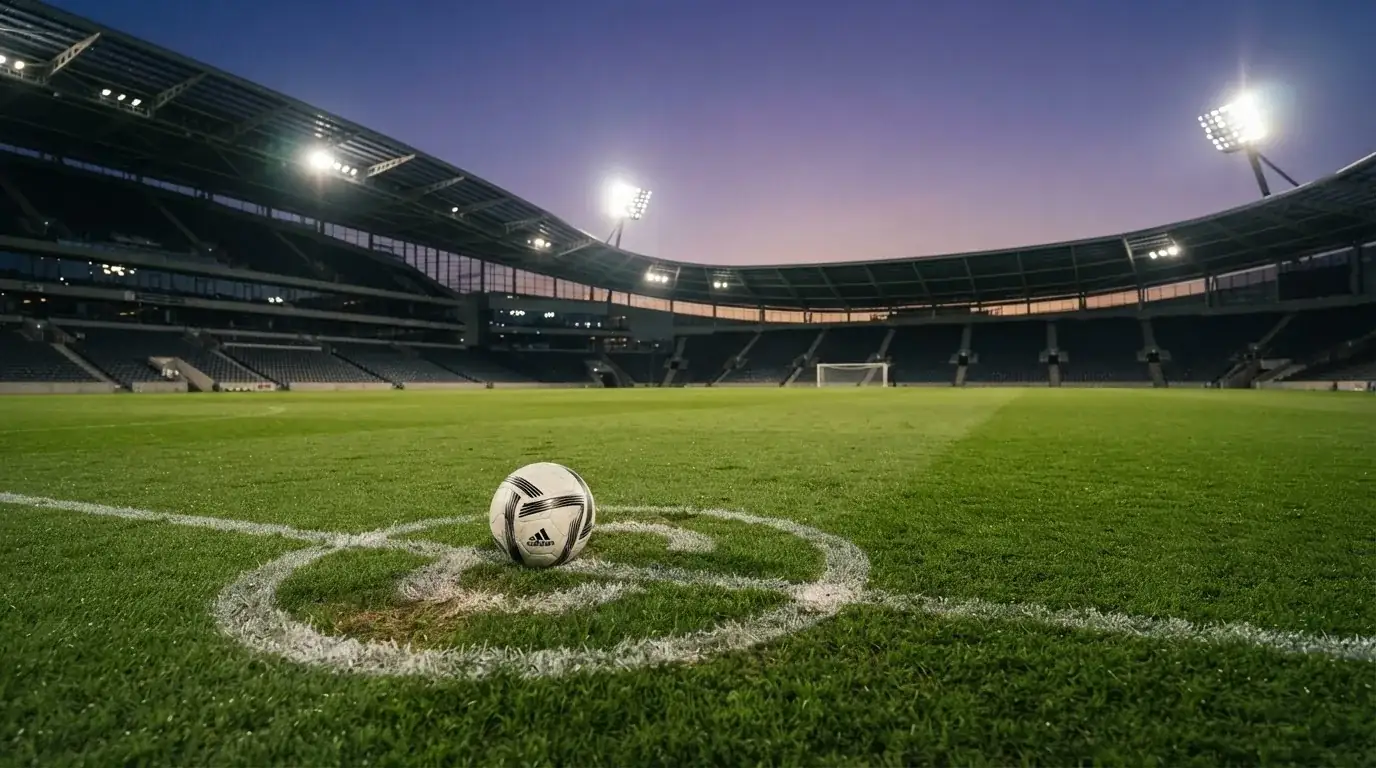Ein Fußball liegt auf dem Rasen eines leeren Platzes, im Hintergrund ein Stadion unter Flutlicht in der Abenddämmerung.