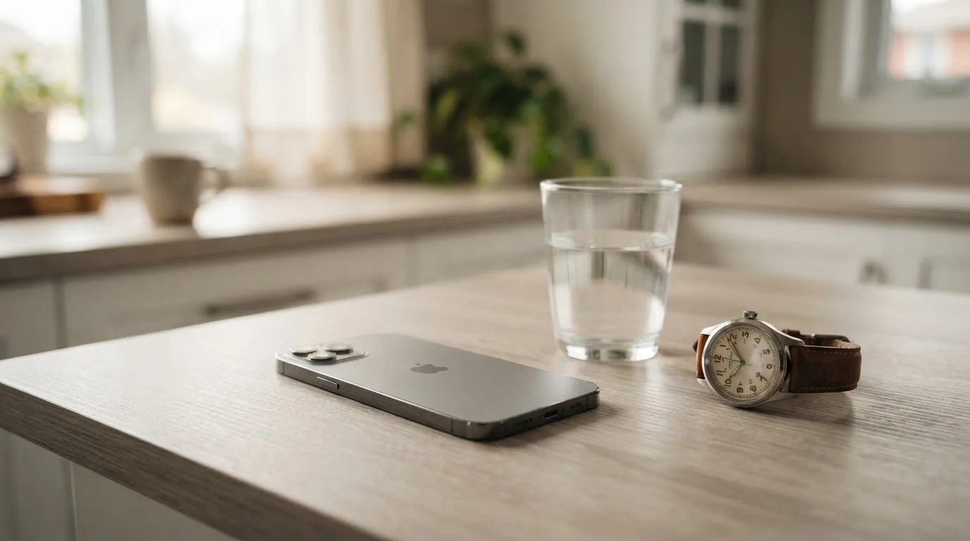 Ein Smartphone liegt mit dem Display nach unten auf einem Küchentisch, daneben stehen ein Glas Wasser und eine Armbanduhr.