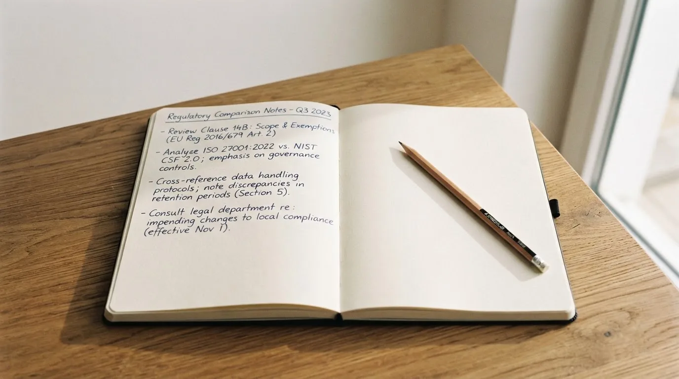 Ein Notizbuch mit handschriftlichen Notizen und ein Bleistift liegen auf einem Schreibtisch am Fenster, draußen fällt Morgenlicht herein.