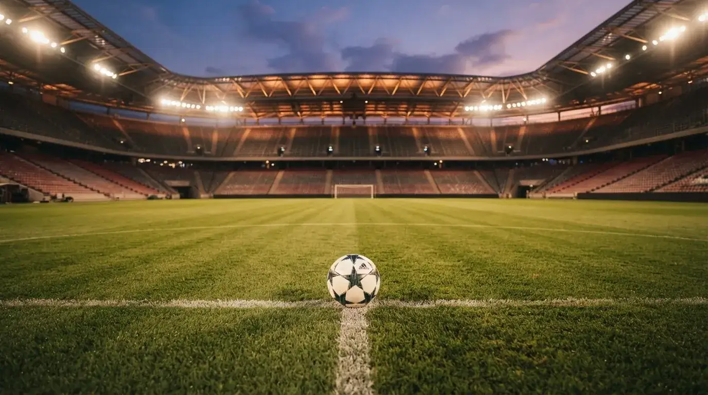 Ein Fußball liegt auf dem Anstoßpunkt eines leeren Rasenplatzes, im Hintergrund steht ein Stadion unter Flutlicht in der Dämmerung.