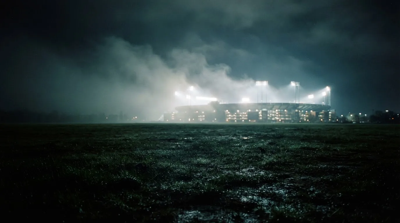 Ein Stadion unter Flutlicht, aus großer Entfernung über eine dunkle Wiese fotografiert, am Himmel zieht Nebel auf.