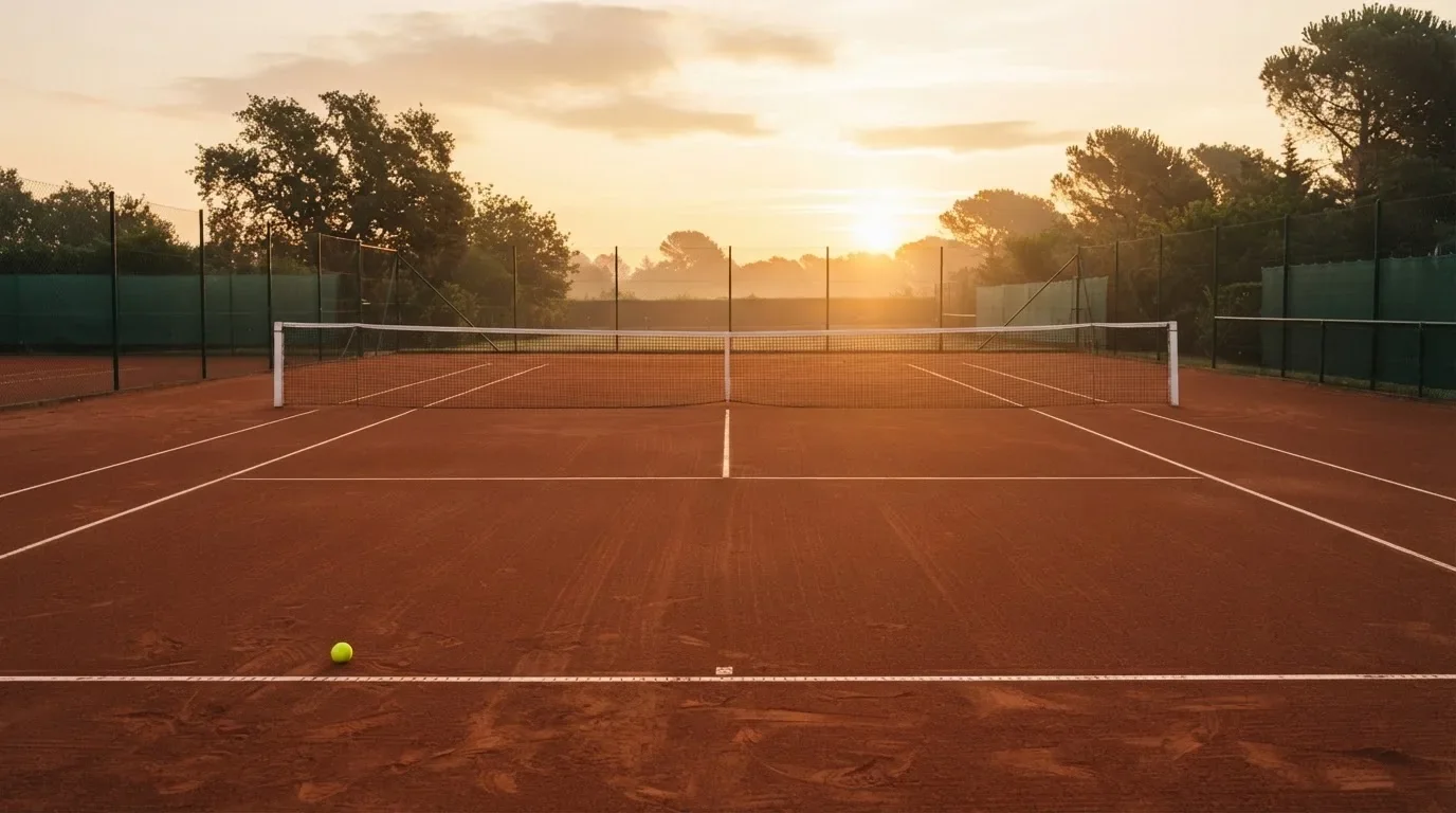 Ein Tennisplatz aus Sand bei Sonnenaufgang, frisch gewalzt, leere weiße Linien und ein einzelner Ball neben der Grundlinie.