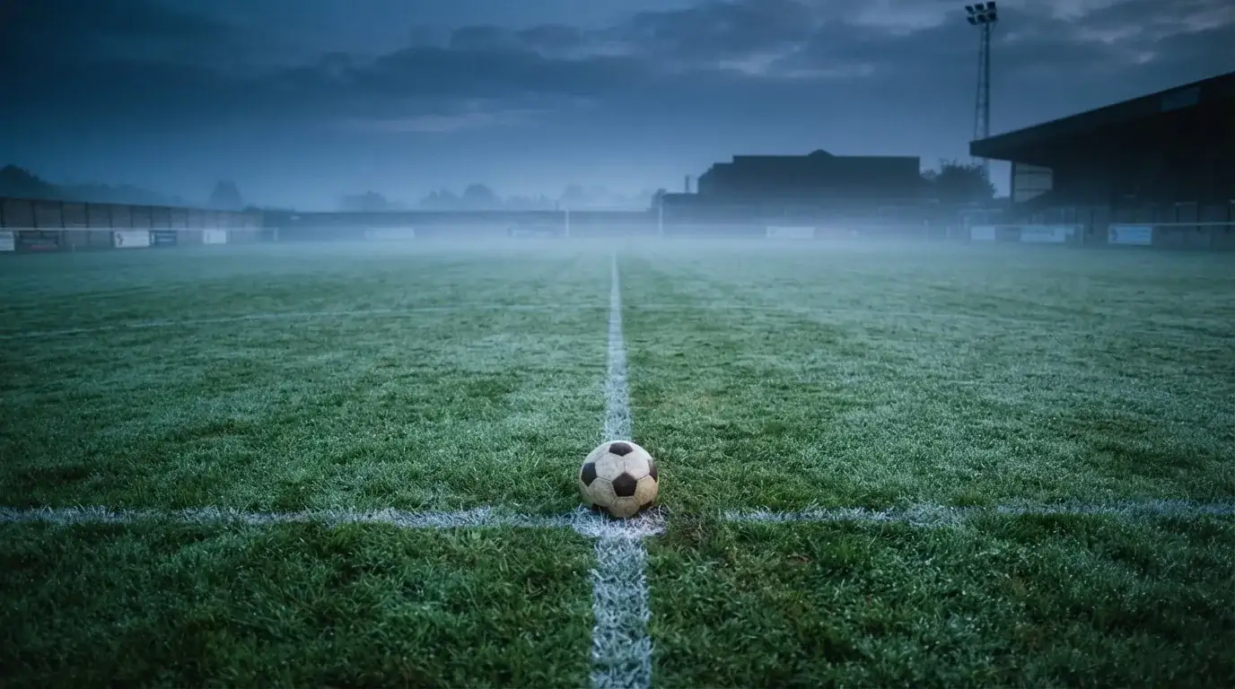 Ein Fußball ruht auf dem Mittelkreis eines leeren Rasenplatzes in der Morgendämmerung, Tau liegt auf dem Gras.