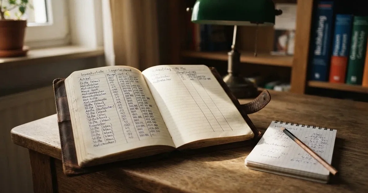 Ein Notizbuch mit handschriftlichen Spalten und Strichlisten liegt neben einem Taschenrechner und einem Bleistift auf einem Schreibtisch.
