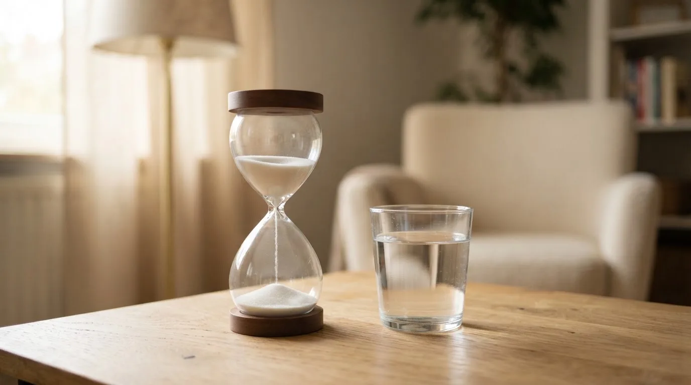 Eine Sanduhr und ein Glas Wasser stehen auf einem Tisch, im Hintergrund unscharf ein ruhiger Raum mit einer Stehlampe.