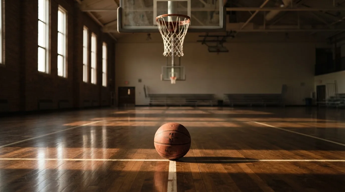 Ein Basketball liegt auf dem Hallenboden unter einem Korb, das Netz hängt ruhig, Morgenlicht fällt durch hohe Fenster.