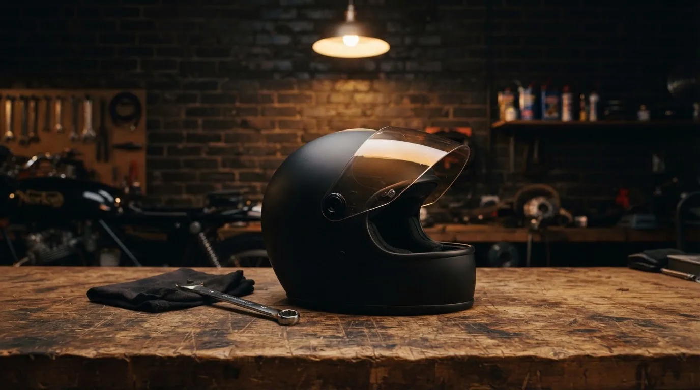 Ein schwarzer Motorradhelm ohne Aufdruck liegt auf einer Werkbank neben einem Schraubenschlüssel, warmes Licht einer Werkstatt.