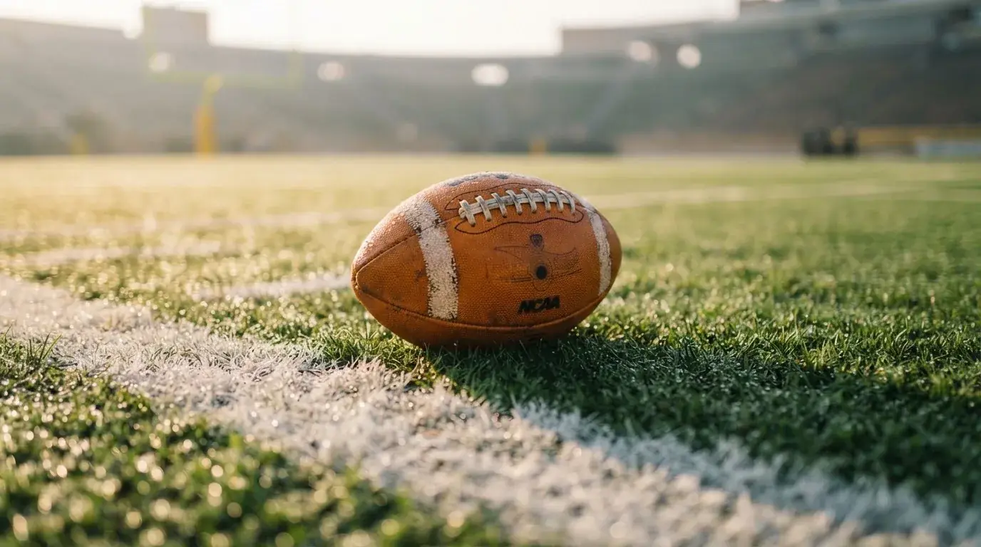 Ein ovaler Lederball mit heller Schnürung liegt auf dem Rasen vor der Endzone, Tau auf dem Gras im ersten Morgenlicht.