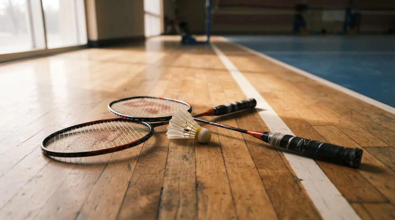 Zwei Badmintonschläger und ein Federball liegen auf einem Holzboden neben der Seitenlinie, weiches Licht fällt von der Seite ein.