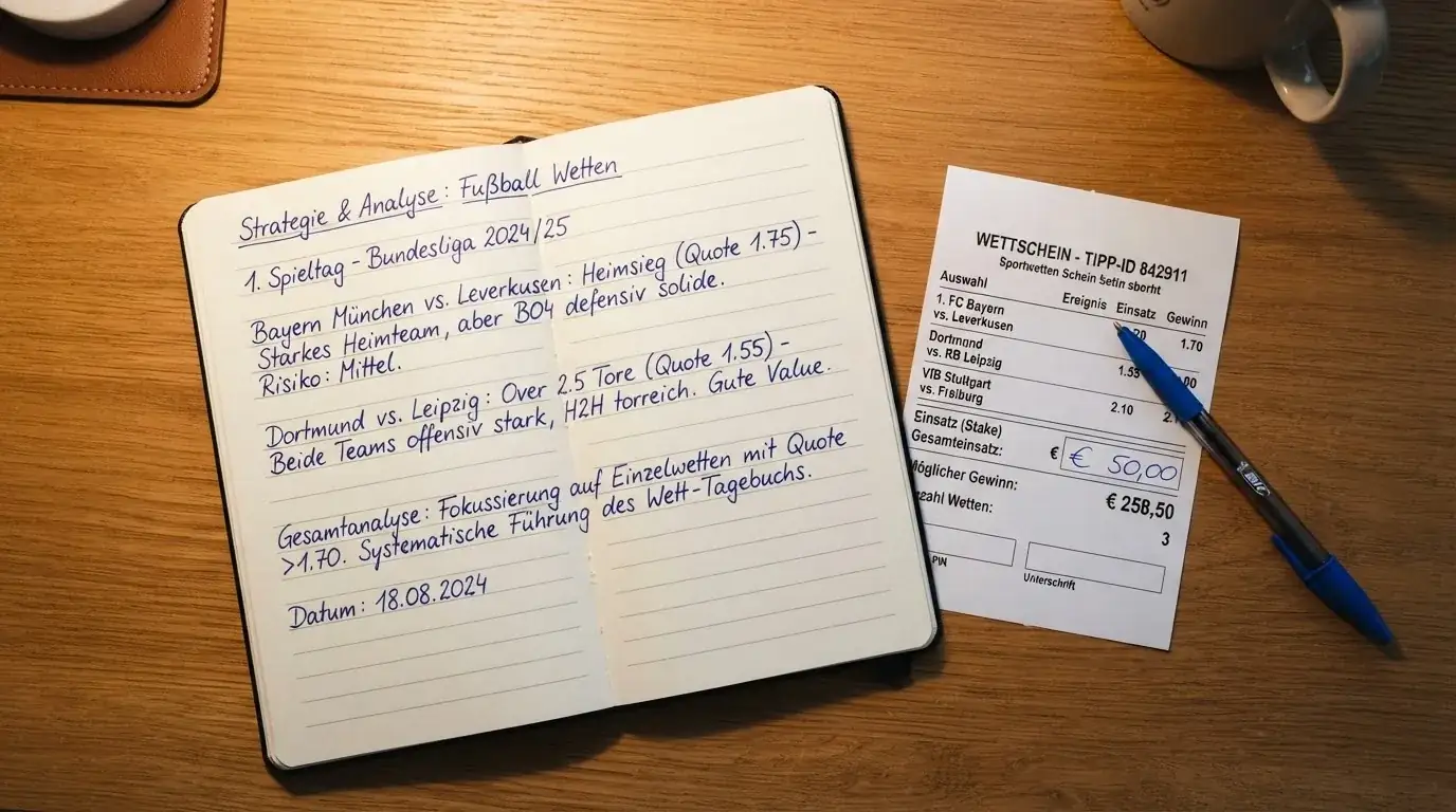 Ein leerer Papierwettschein und ein Kugelschreiber auf einer glatten Schreibtischplatte, daneben ein aufgeschlagenes Notizbuch mit handschriftlichen Notizen.